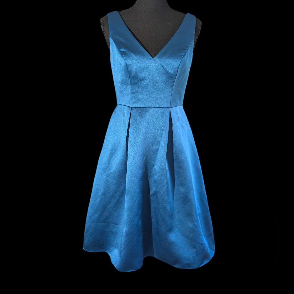 Satin Blue Wedding Guest Dress Cocktail Full Skirt Fit And Flare Size 10 Medium